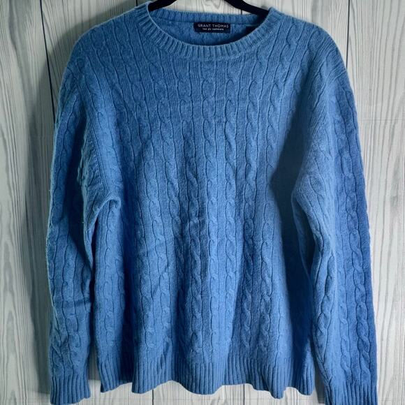 GRANT THOMAS 2 Ply Cashmere Pullover Sweater Crew Neck Soft Fuzzy Blue Size L - Picture 2 of 8